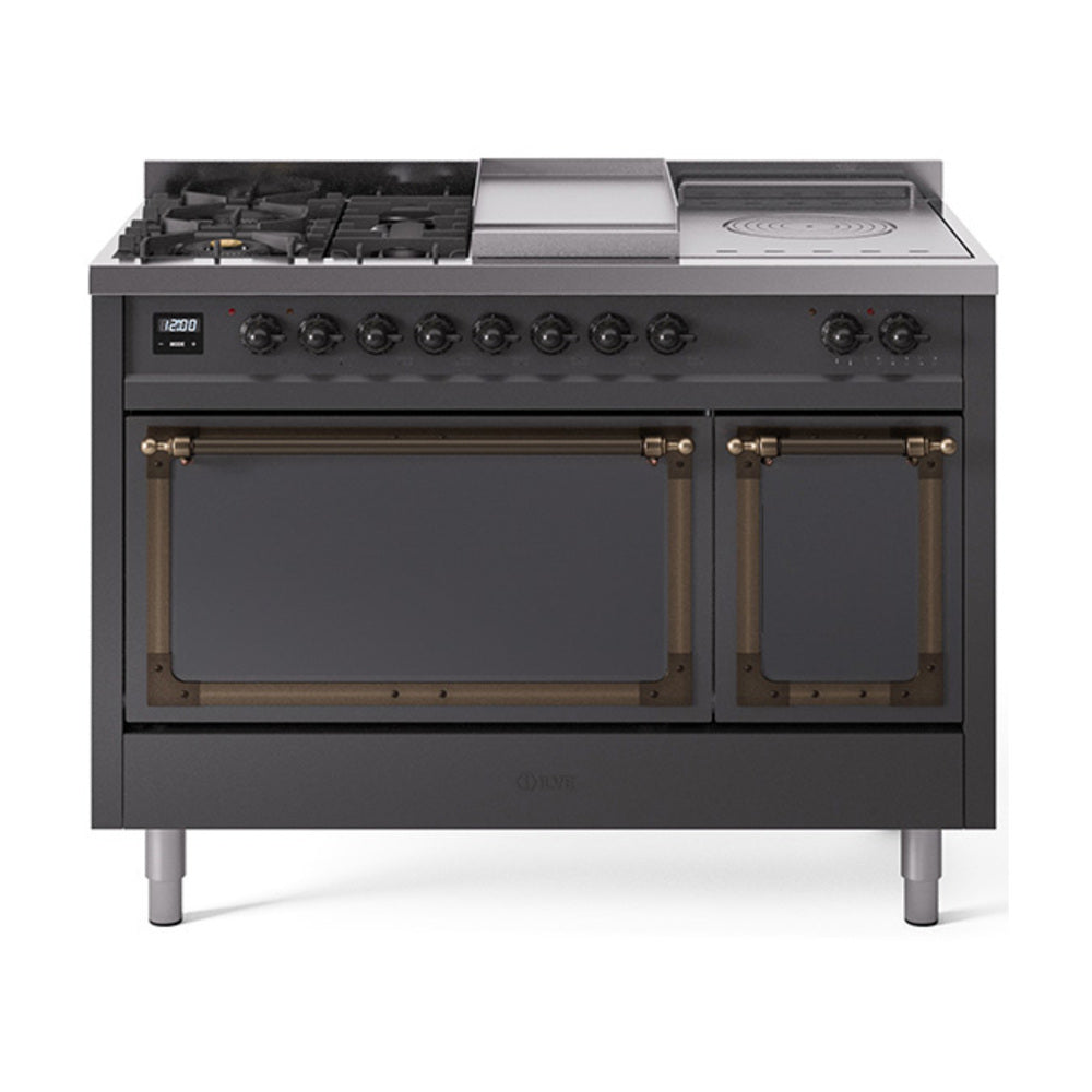 ILVE matte graphite dual fuel range with bronze-trimmed doors and sealed burners