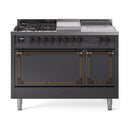 ILVE 48-Inch Nostalgie II Noblesse Natural Gas Dual Fuel Range with 5 Sealed Burners, Griddle, French Top and Solid Door Oven in Matte Graphite with Bronze Trim (UN48FSQNMPMGB)