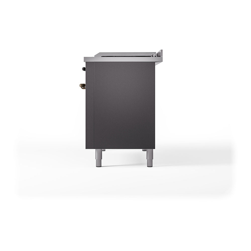 Matte graphite dual fuel range rear side view with bronze-trim corner details
