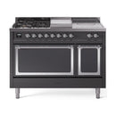 ILVE 48-Inch Nostalgie II Noblesse Propane Gas Dual Fuel Range with 5 Sealed Burners, Griddle, French Top and Solid Door Oven in Matte Graphite with Chrome Trim (UN48FSQNMPMGCLP)