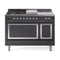 ILVE 48-Inch Nostalgie II Noblesse Natural Gas Dual Fuel Range with 5 Sealed Burners, Griddle, French Top and Solid Door Oven in Matte Graphite with Chrome Trim (UN48FSQNMPMGC)