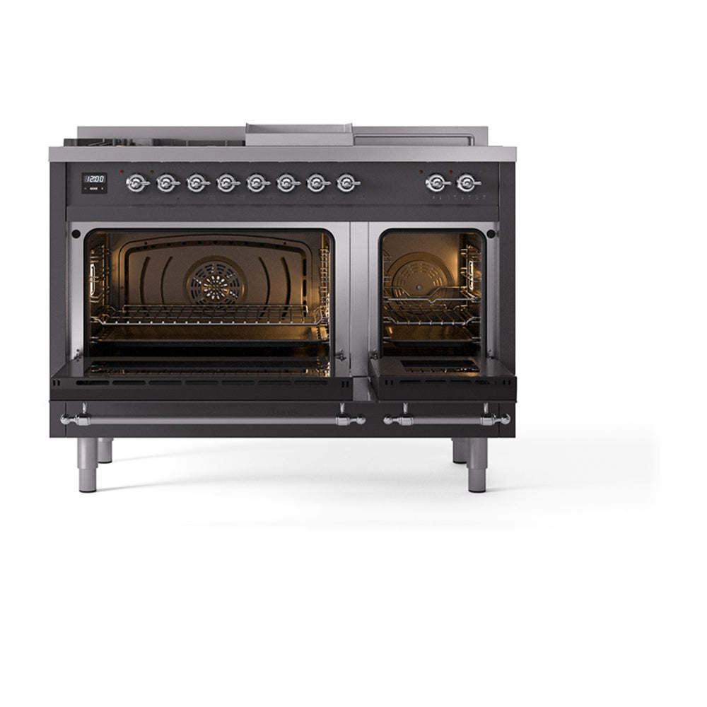 Dual fuel range with oven doors open, showing two lit interiors and cast racks