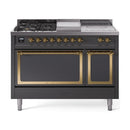 ILVE 48-Inch Nostalgie II Noblesse Natural Gas Dual Fuel Range with 5 Sealed Burners, Griddle, French Top and Solid Door Oven in Matte Graphite with Brass Trim (UN48FSQNMPMGG)