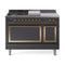 ILVE 48-Inch Nostalgie II Noblesse Natural Gas Dual Fuel Range with 5 Sealed Burners, Griddle, French Top and Solid Door Oven in Matte Graphite with Brass Trim (UN48FSQNMPMGG)