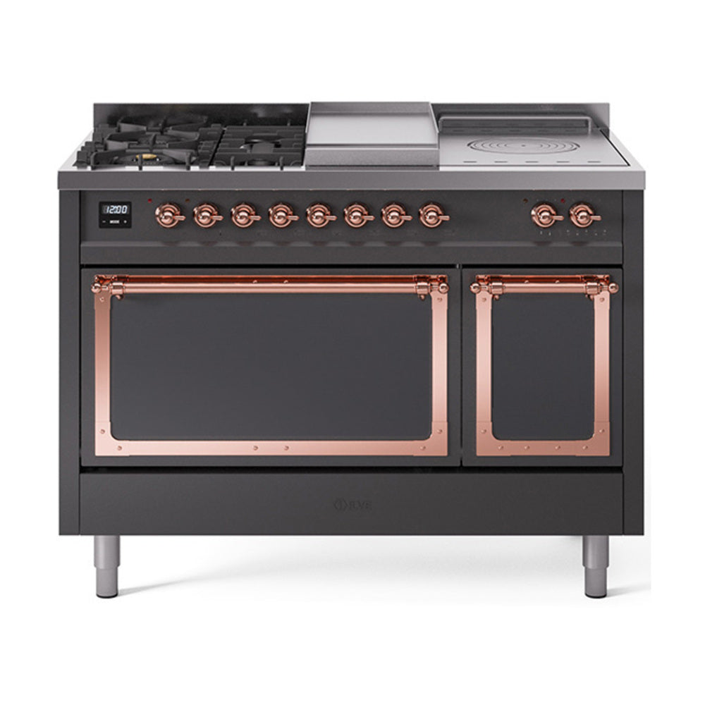 ILVE matte graphite dual fuel range with copper-trimmed doors and 5 sealed burners