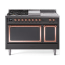 ILVE 48-Inch Nostalgie II Noblesse Natural Gas Dual Fuel Range with 5 Sealed Burners, Griddle, French Top and Solid Door Oven in Matte Graphite with Copper Trim