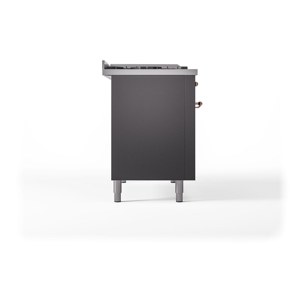 Matte graphite range side panel with copper-trimmed control knobs and front feet