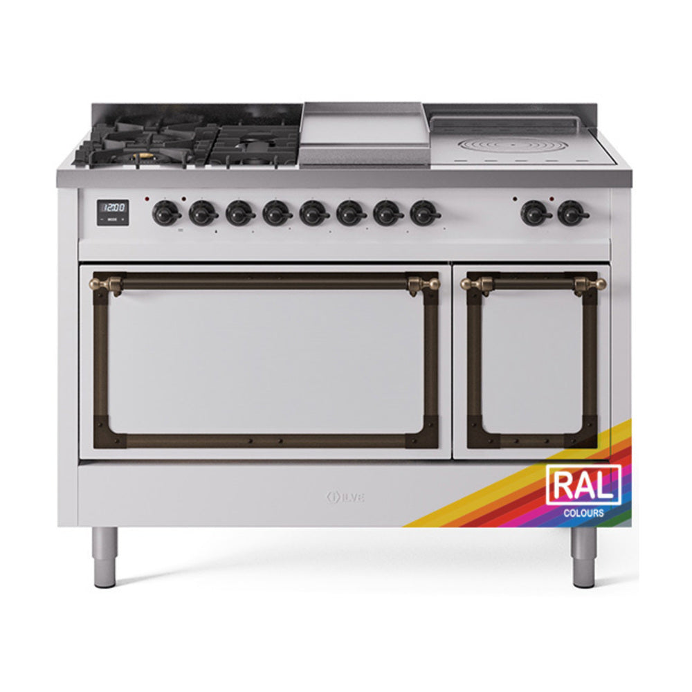 Dual fuel range with sealed burners, griddle and French top; two solid oven doors.