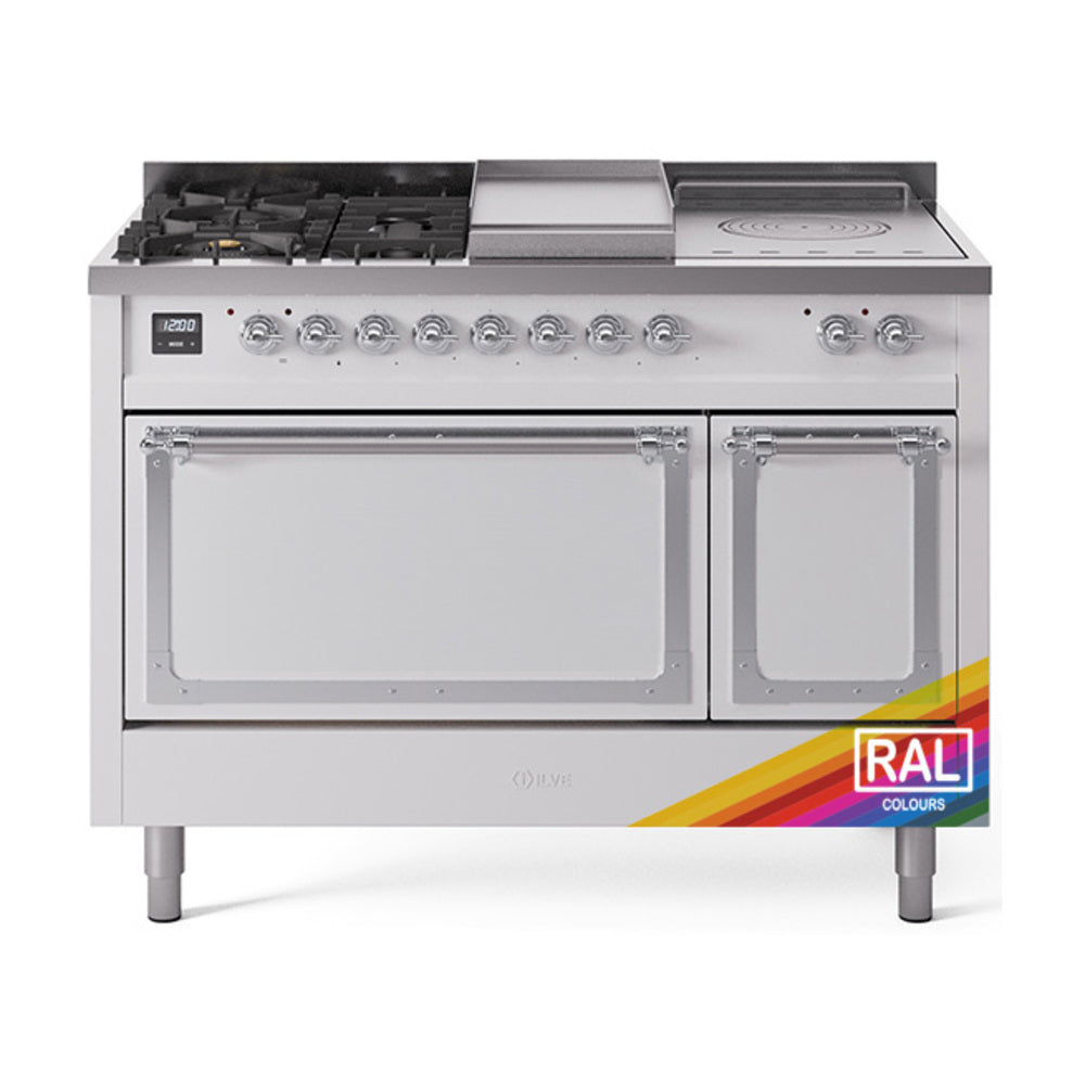 ILVE propane gas range with griddle, two oven doors, and burner controls, stainless front