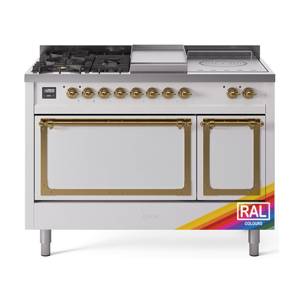 Dual fuel gas range with white cabinet, brass trim, sealed burners, and double oven doors