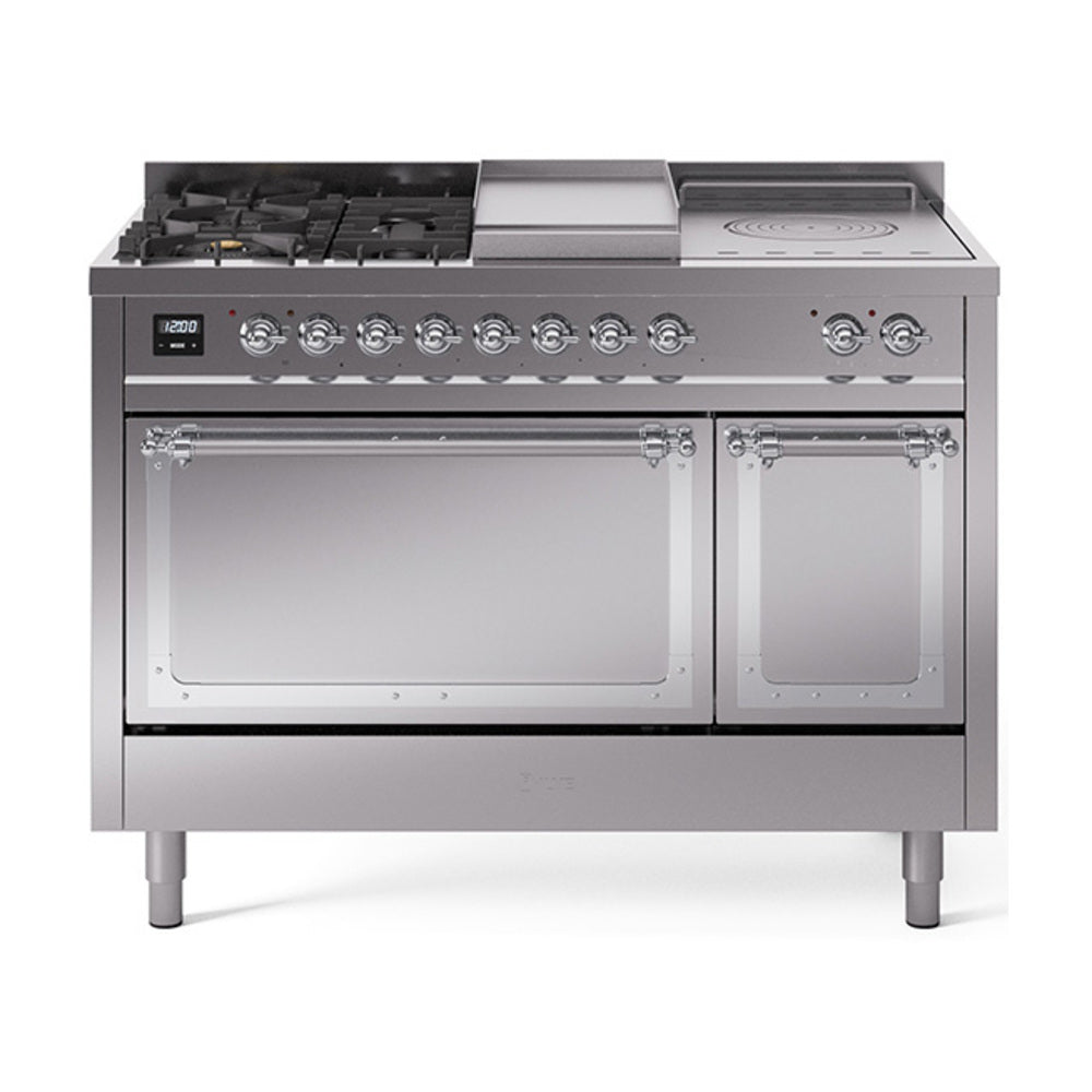 Stainless steel dual-fuel range with chrome-trim control panel, burners, griddle, oven doors