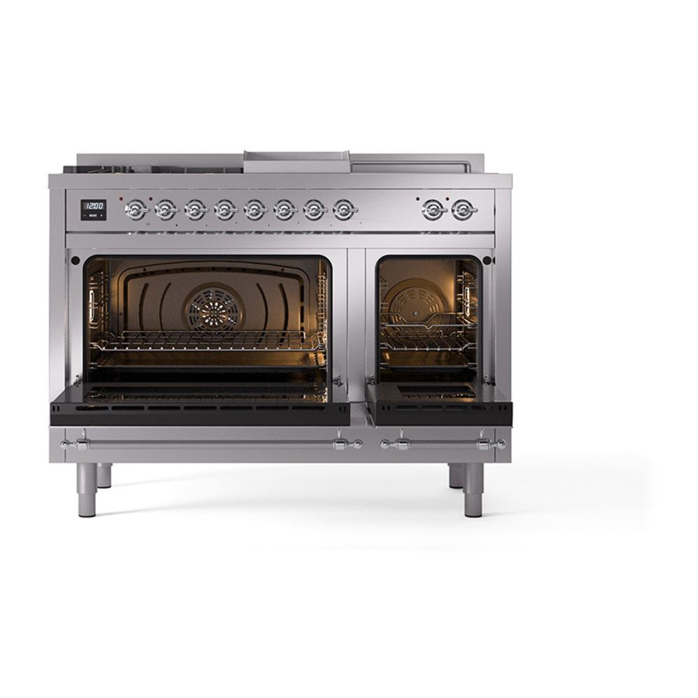 Stainless steel dual-fuel range with both ovens open, showing interior racks and burner area