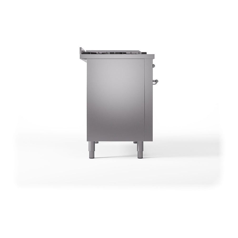 Stainless steel range back panel with legs and rear connections, rear-facing view
