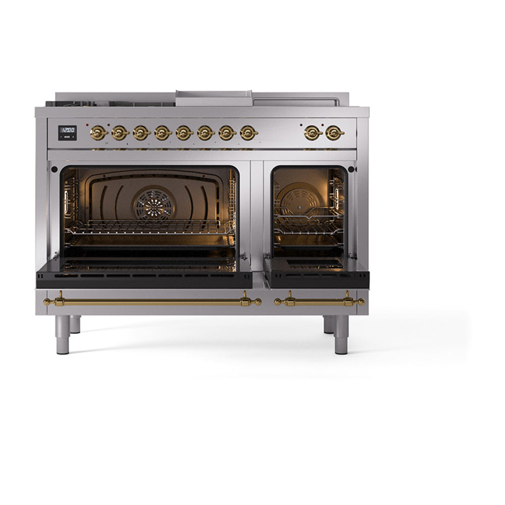 Dual fuel range with two open ovens, interior racks, and brass-trim side rails