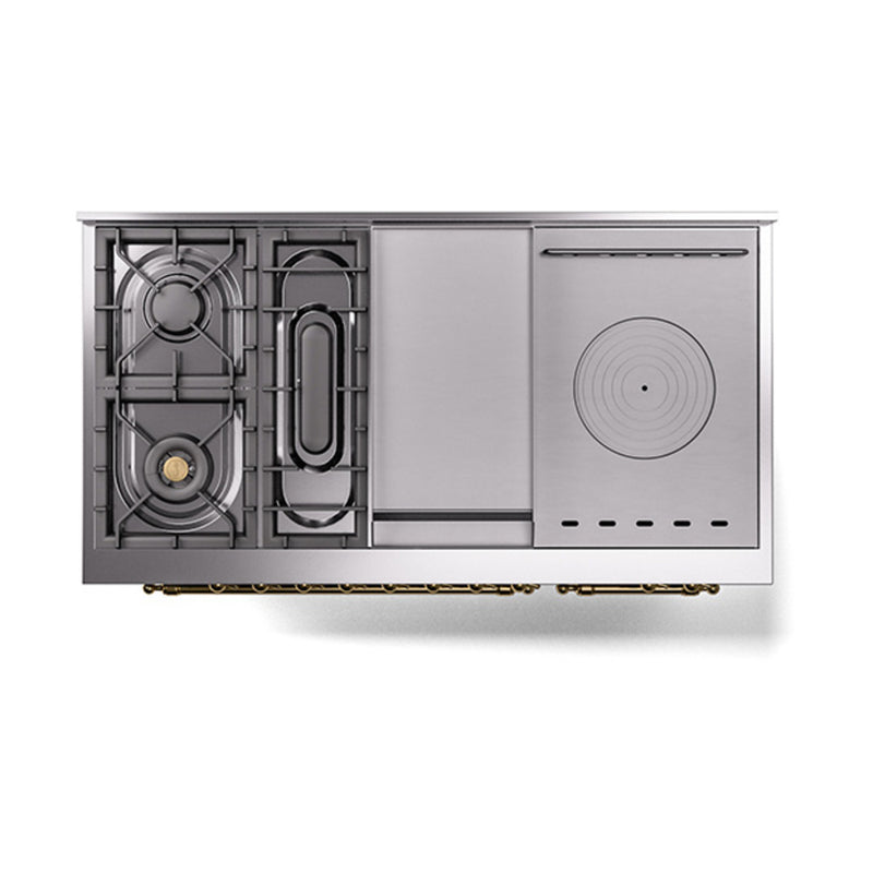 ILVE 48-Inch Nostalgie II Noblesse Dual Fuel Range with 5 Sealed Burners, Griddle, French Top and Solid Door Oven in Stainless Steel with Brass Trim (UN48FSQNMPSSG)