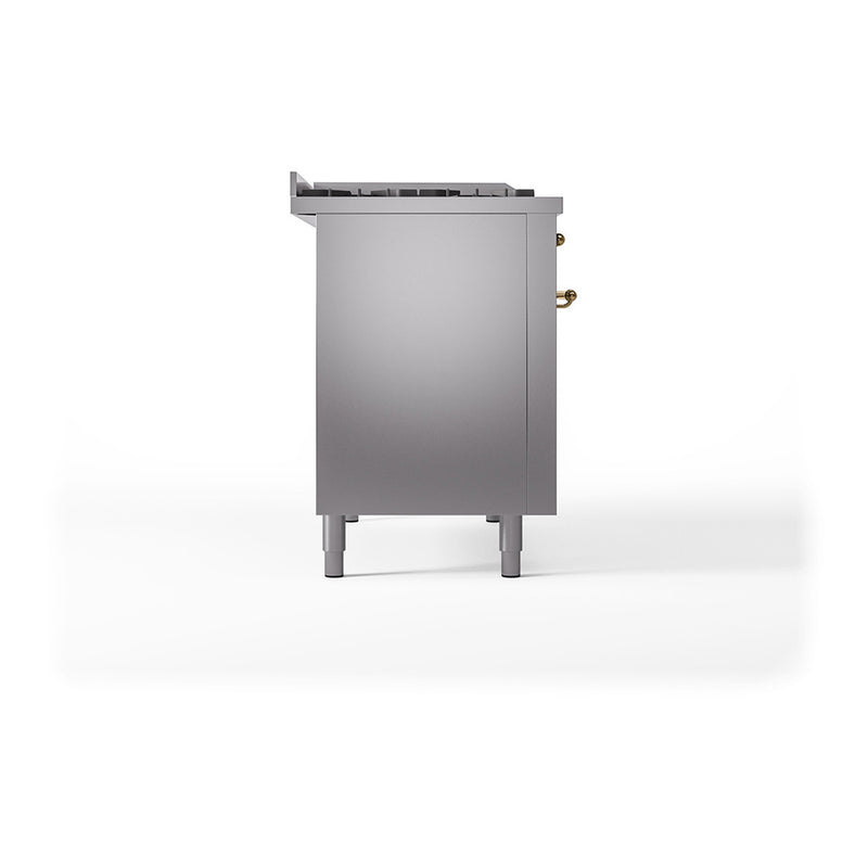 ILVE 48-Inch Nostalgie II Noblesse Dual Fuel Range with 5 Sealed Burners, Griddle, French Top and Solid Door Oven in Stainless Steel with Brass Trim (UN48FSQNMPSSG)