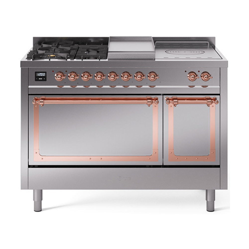 Stainless steel gas dual-fuel range with copper-trim burners and griddle on top
