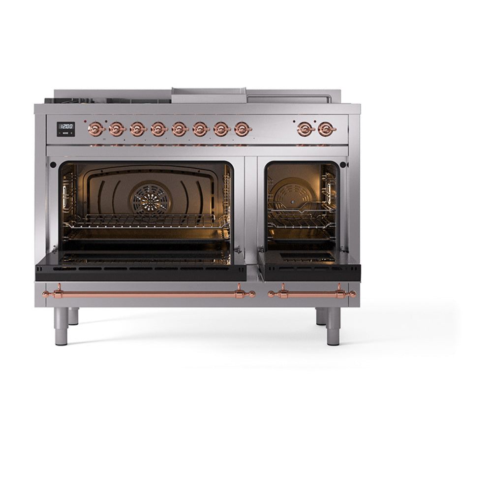 Dual oven gas range with open stainless doors and copper-trim burners; interior visible