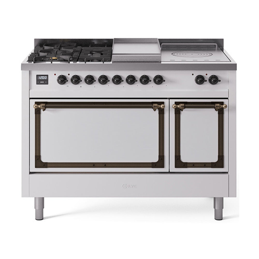 ILVE white dual-fuel range with bronze-trim doors and control panel, front view