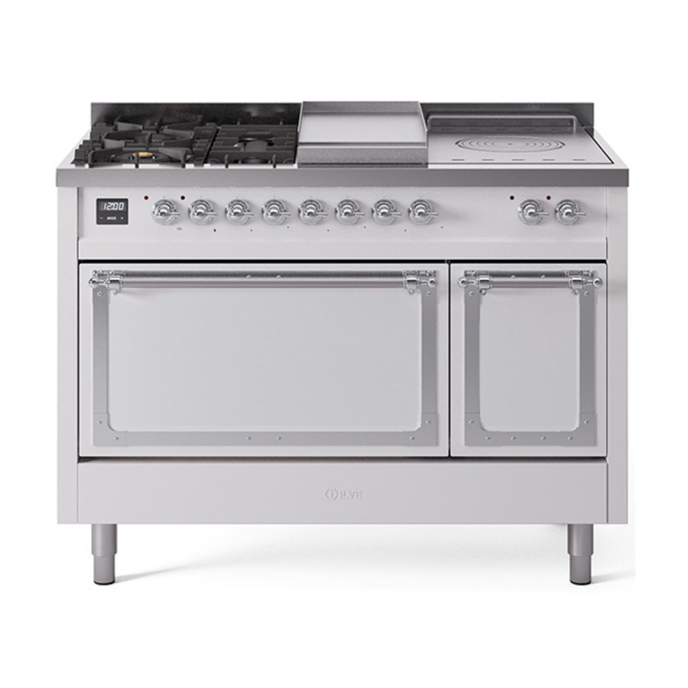 ILVE dual fuel range with white body, chrome trim, knobs and sealed gas burners