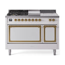 ILVE 48-Inch Nostalgie II Noblesse Propane Gas Dual Fuel Range with 5 Sealed Burners, Griddle, French Top and Solid Door Oven in White with Brass Trim (UN48FSQNMPWHGLP)