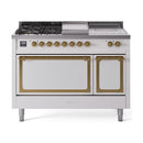ILVE 48-Inch Nostalgie II Noblesse Natural Gas Dual Fuel Range with 5 Sealed Burners, Griddle, French Top and Solid Door Oven in White with Brass Trim (UN48FSQNMPWHG)