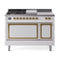 ILVE 48-Inch Nostalgie II Noblesse Natural Gas Dual Fuel Range with 5 Sealed Burners, Griddle, French Top and Solid Door Oven in White with Brass Trim (UN48FSQNMPWHG)
