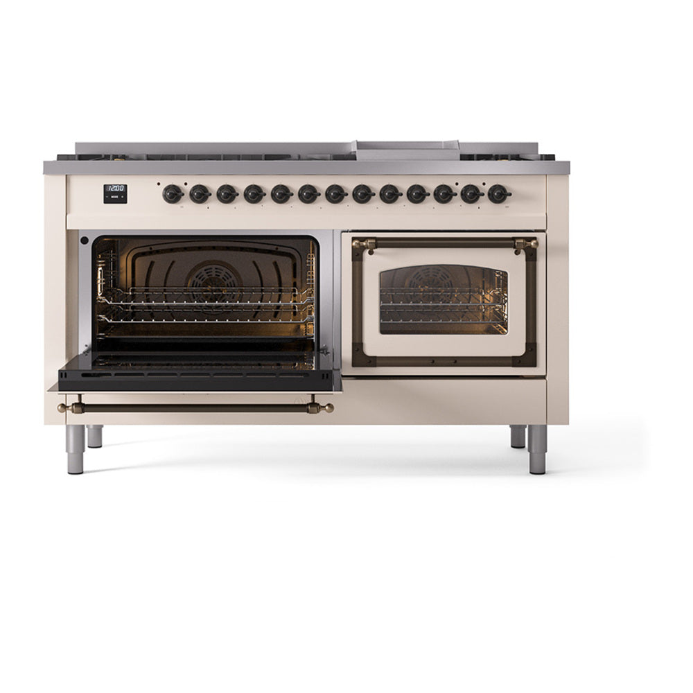 ILVE antique white dual fuel range with bronze trim, both ovens open with racks visible