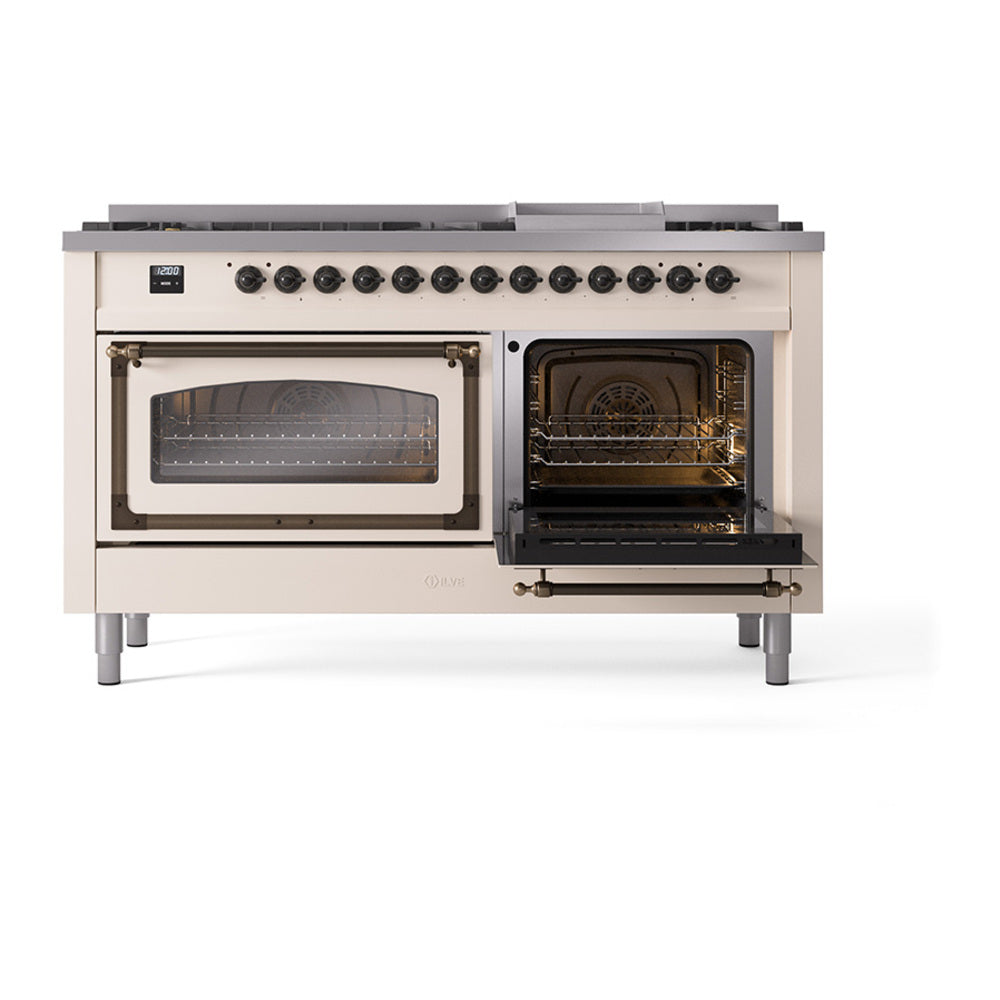 ILVE antique white dual fuel range with bronze trim, left oven closed and right oven open
