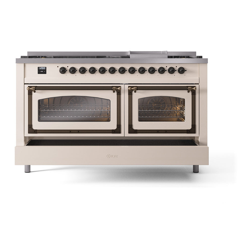 ILVE antique white dual fuel range with bronze trim, two oven doors closed and control panel
