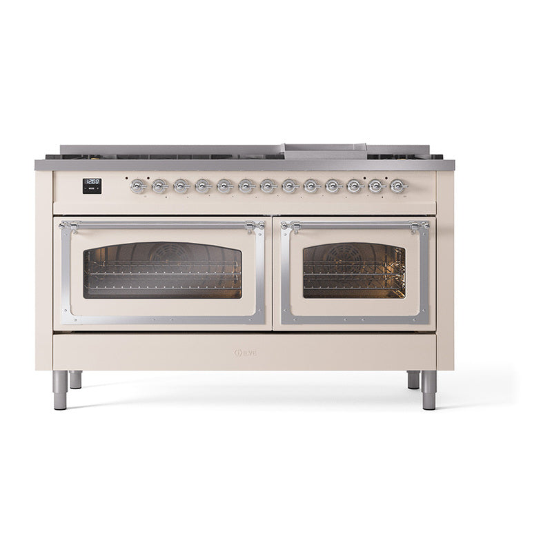 Antique white dual fuel range with chrome burner knobs, two oven windows, and gas grates