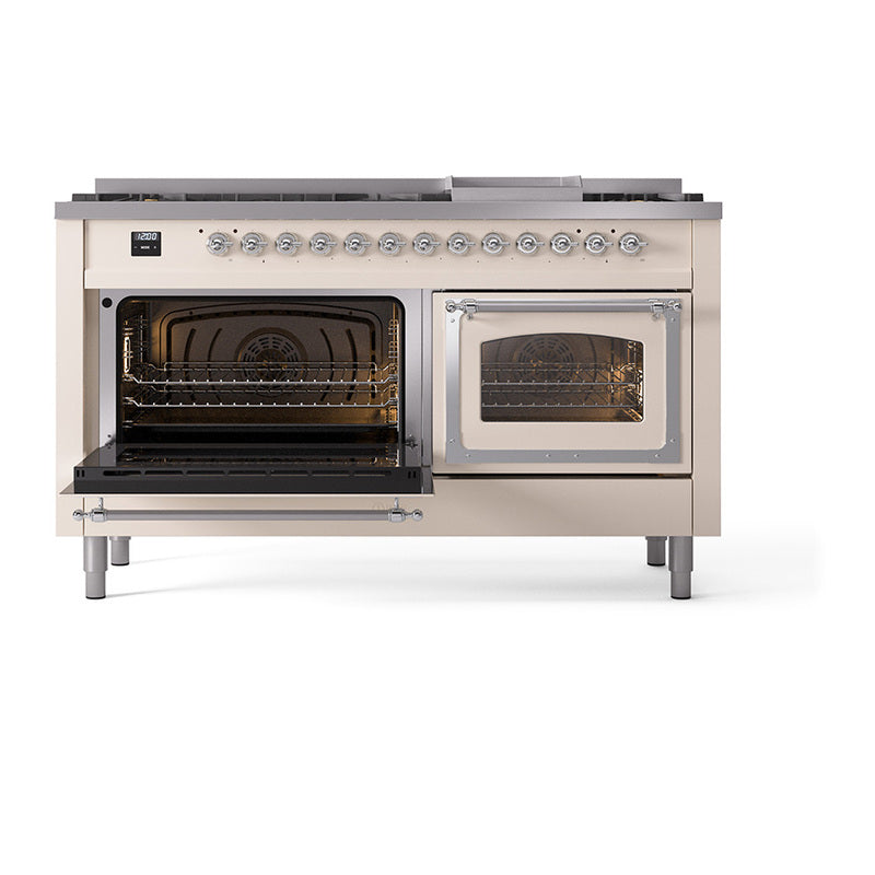 Antique white dual fuel range with left oven open and right oven door closed