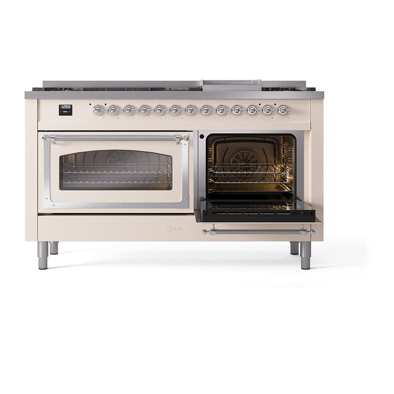 Antique white dual fuel range with left oven door closed and right oven door open
