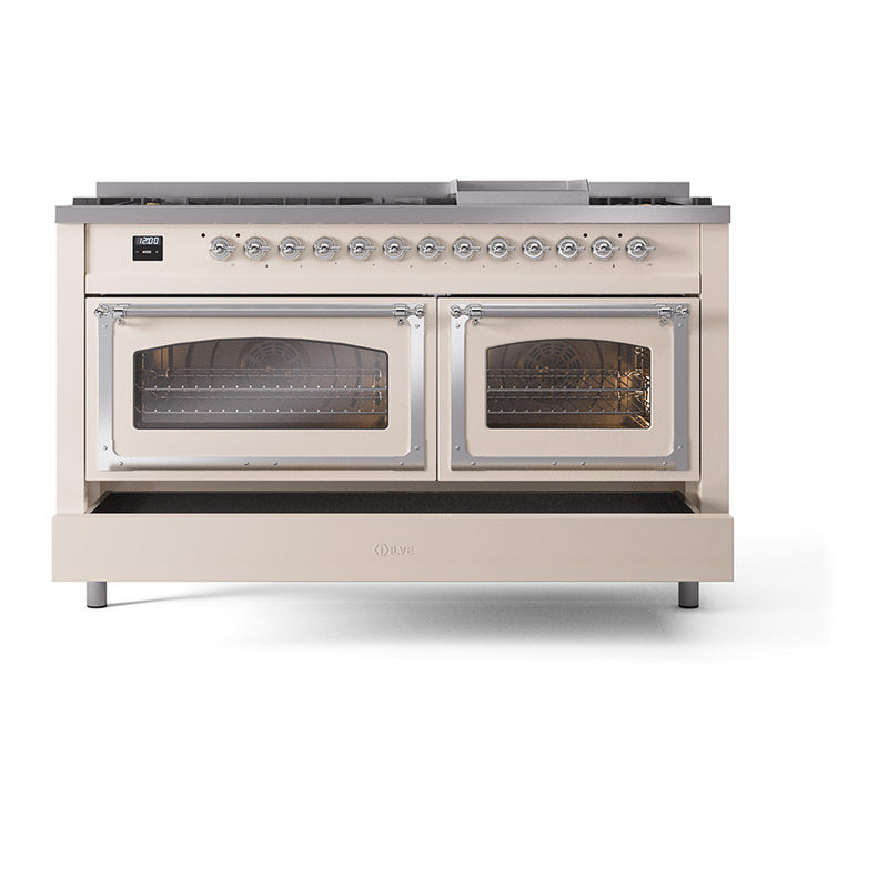 Antique white dual fuel range with two oven doors closed and chrome control knobs