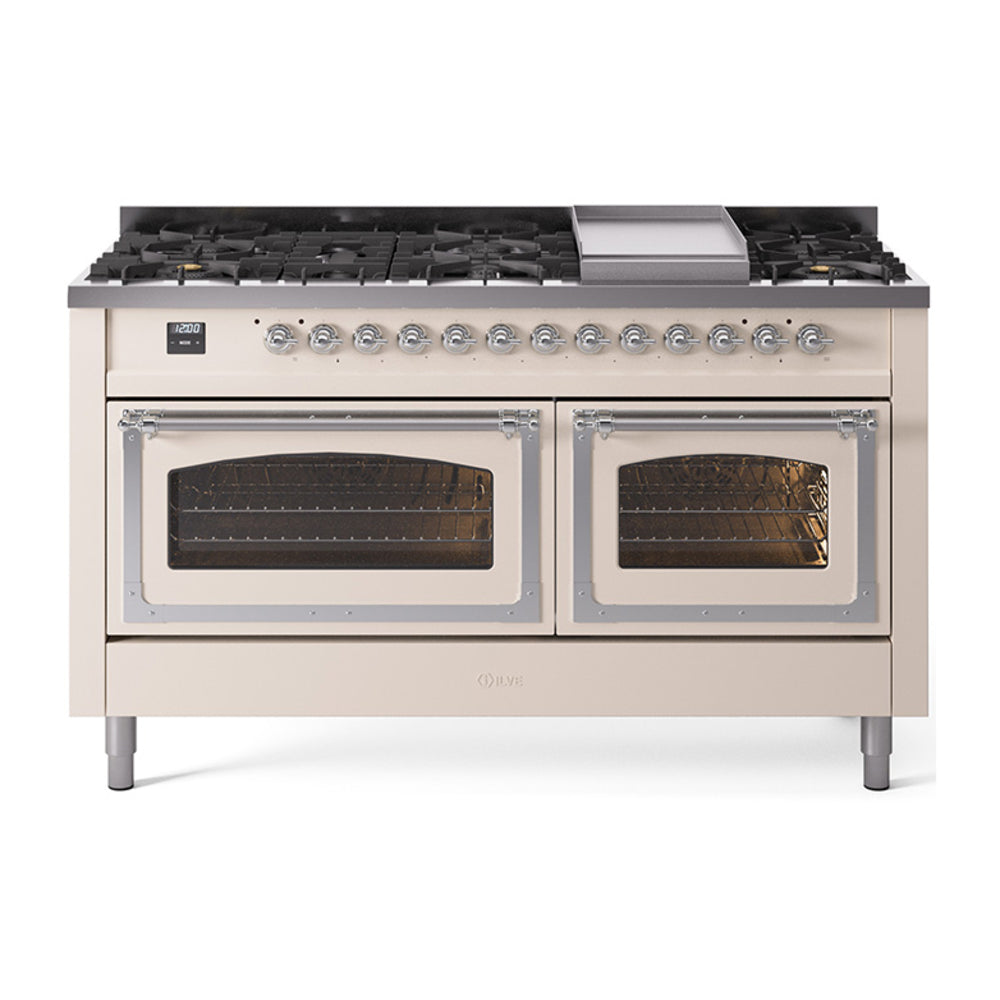 Antique white dual fuel range with chrome knobs, two closed oven doors, and gas grates