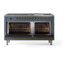 ILVE 60-Inch Nostalgie II Noblesse Dual Fuel Range with 9 Sealed Burners, Griddle, Triple Glass Door Oven in Blue Grey with Brass Trim (UN60FNMPBGG)
