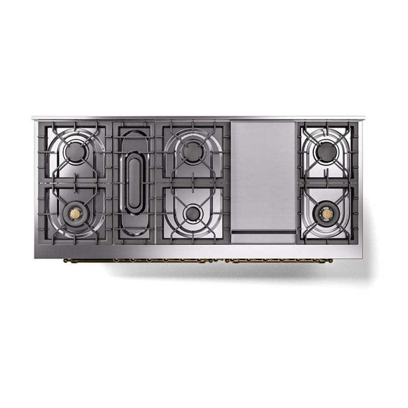 ILVE 60-Inch Nostalgie II Noblesse Dual Fuel Range with 9 Sealed Burners, Griddle, Triple Glass Door Oven in Blue Grey with Brass Trim (UN60FNMPBGG)