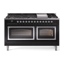 ILVE 60-Inch Nostalgie II Noblesse Propane Gas Dual Fuel Range with 9 Sealed Burners, Griddle, Triple Glass Door Oven in Glossy Black with Chrome Trim (UN60FNMPBKCLP)