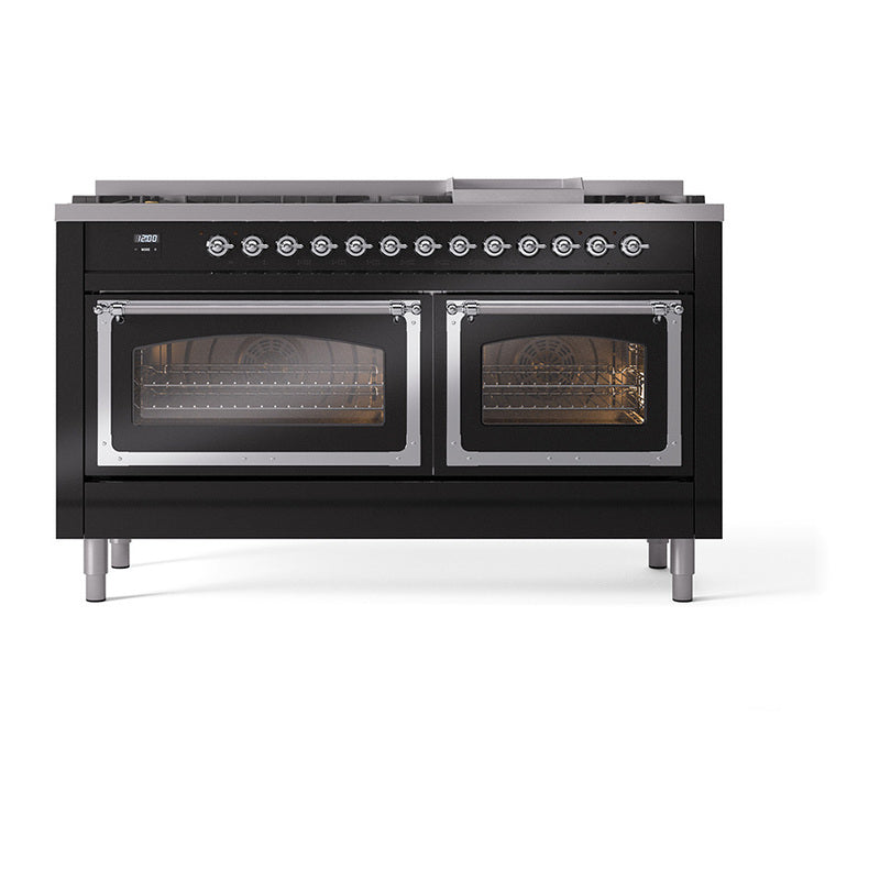 Glossy black dual fuel range front view with two oven windows and chrome door frames