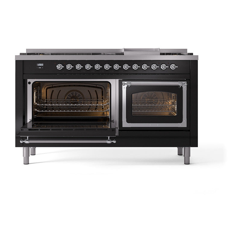 Glossy black dual fuel range with left oven door open and right oven door closed