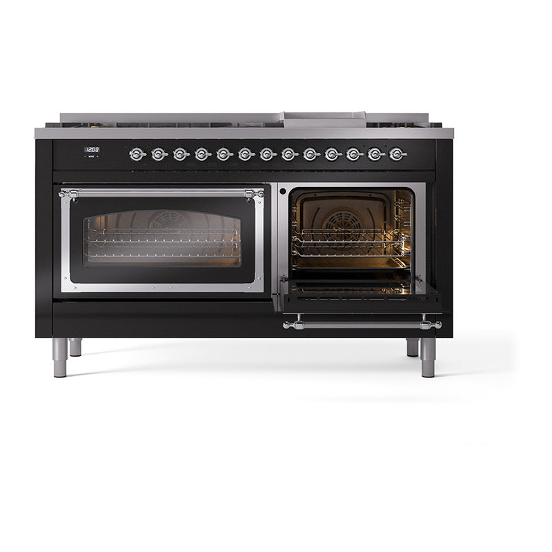 Glossy black dual fuel gas range with two oven doors closed, chrome trim and burners