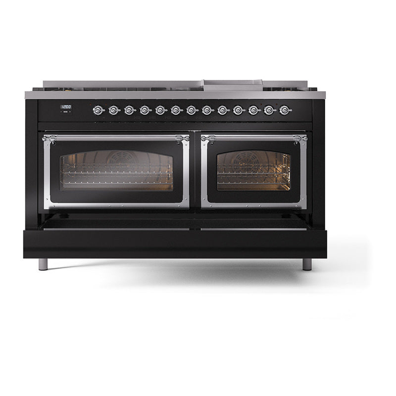 Glossy black dual fuel gas range front view with two glass oven doors and burner knobs
