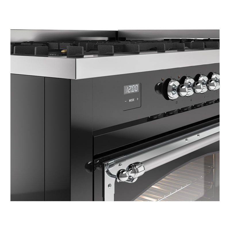 Chrome control knobs and glossy black oven handle on a dual fuel gas range