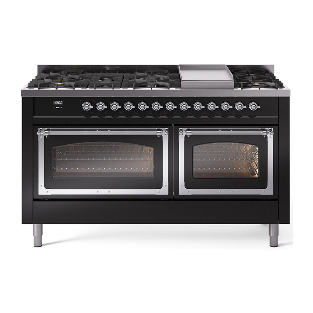 Glossy black dual fuel range with chrome-trim ovens and six-burner cooktop