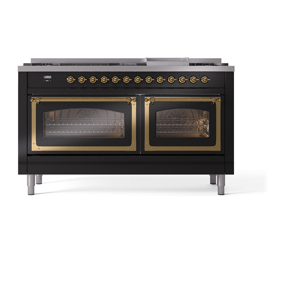 Glossy black dual fuel range with brass-trim oven doors and arched control panel strip