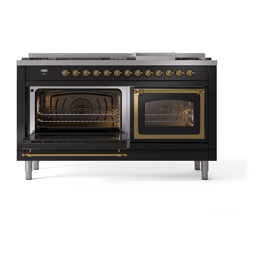 Dual fuel range with left oven door open and right glass door closed, brass accents