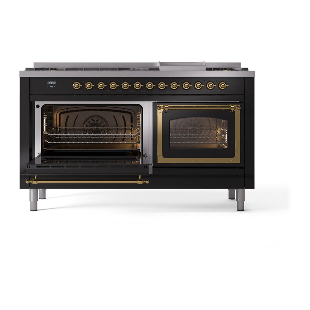 Dual fuel range with left oven open and right oven door closed, brass-trim details
