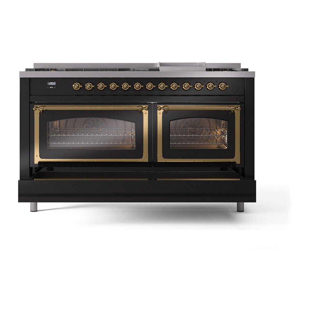 Glossy black dual fuel range with two closed glass oven doors and brass trim