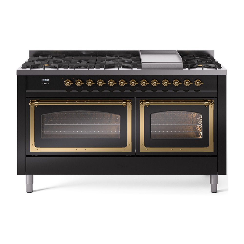 Glossy black dual fuel range with brass-trim oven doors and gas cooktop burners