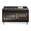 ILVE 60-Inch Nostalgie II Noblesse Natural Gas Dual Fuel Range   in Glossy Black with Brass Trim (UN60FNMPBKG)